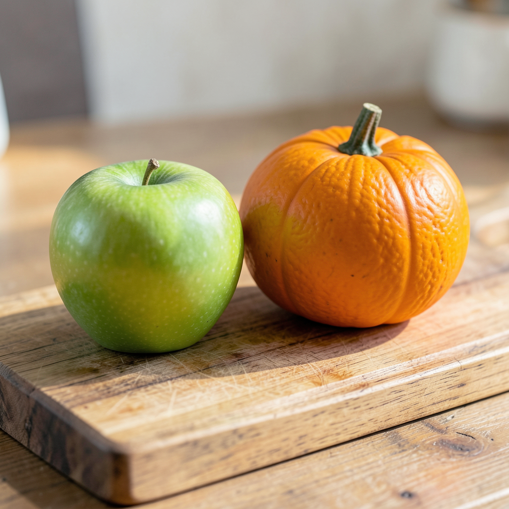 A green apple and an orange pumpkin on a wooden cutting boar