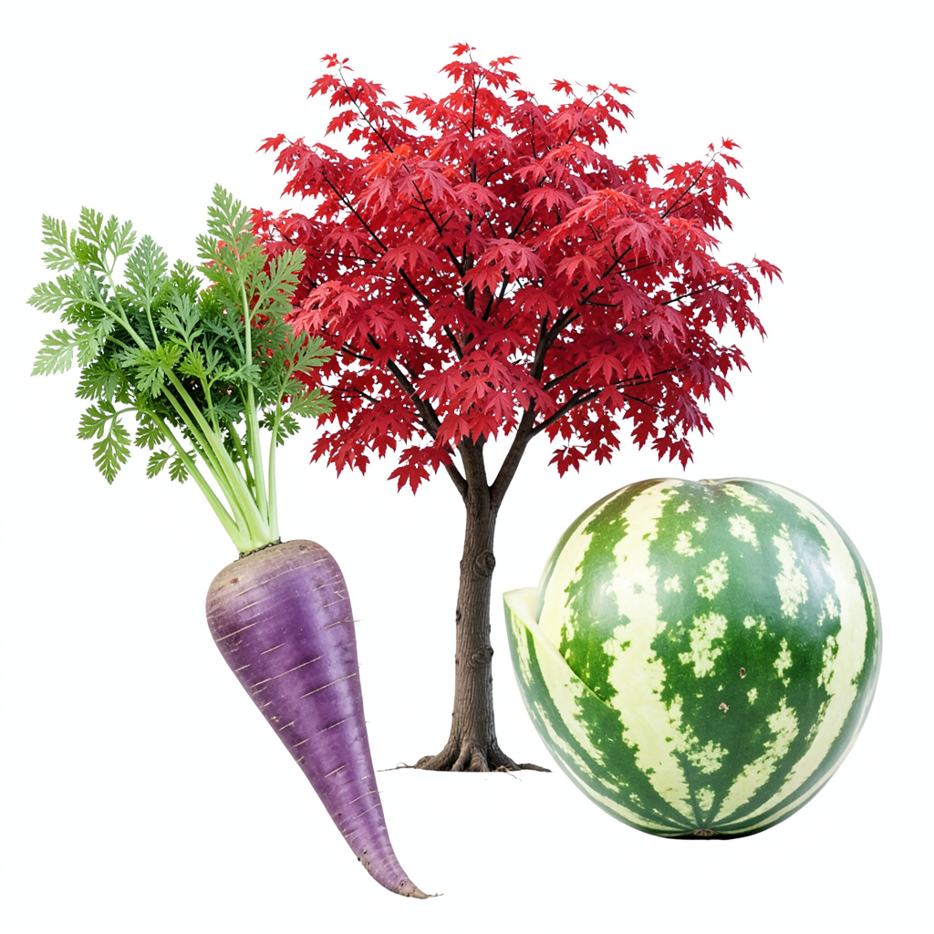 A purple carrot, a red tree with red leaves, and a white wat