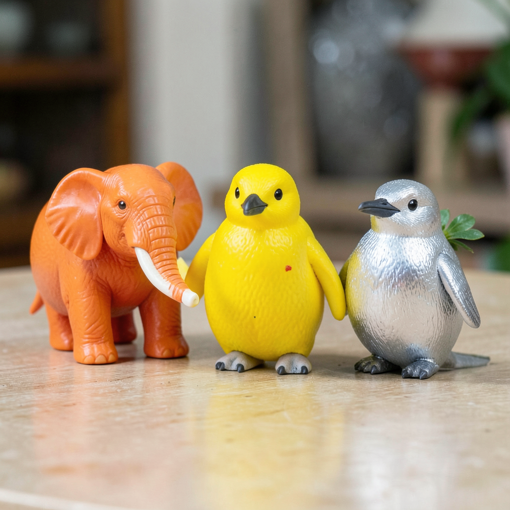An orange elephant, a yellow penguin, and a silver strawberr