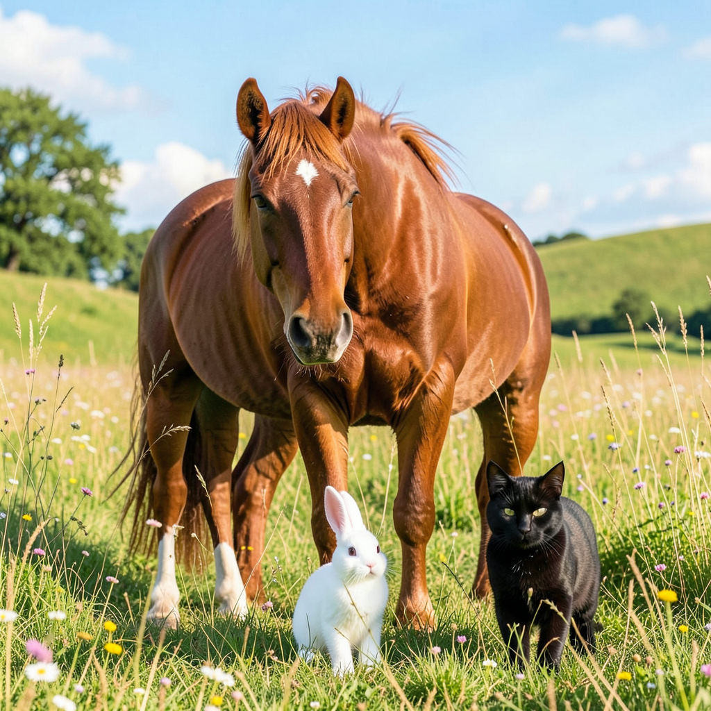 A big brown horse, a small white rabbit, and a medium-sized 