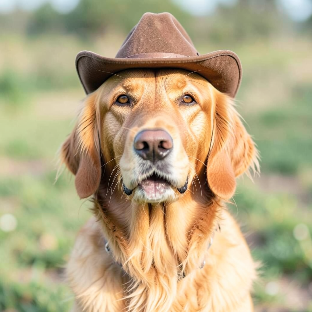 A golden retriever wearing a tiny cowboy hat