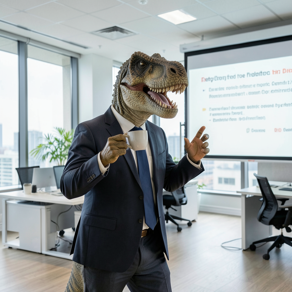 A dinosaur in a business suit giving a PowerPoint presentati