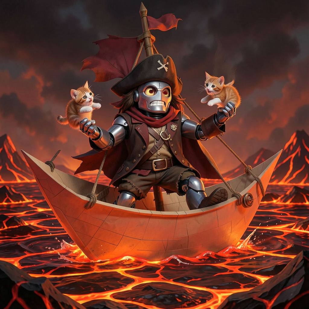 A robot dressed as a pirate sailing a paper boat on a lake o