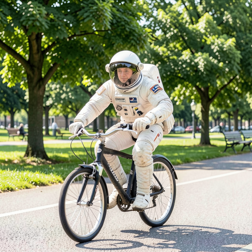 An astronaut in a spacesuit riding a bicycle through a park