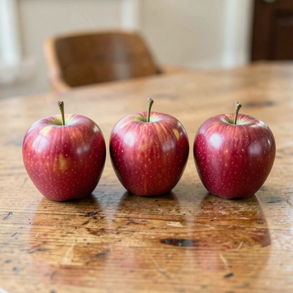 Exactly 3 red apples arranged on a wooden table