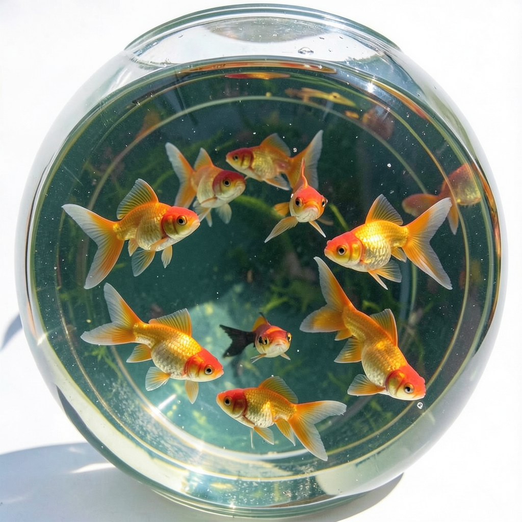 Exactly 9 goldfish swimming in a large round fishbowl