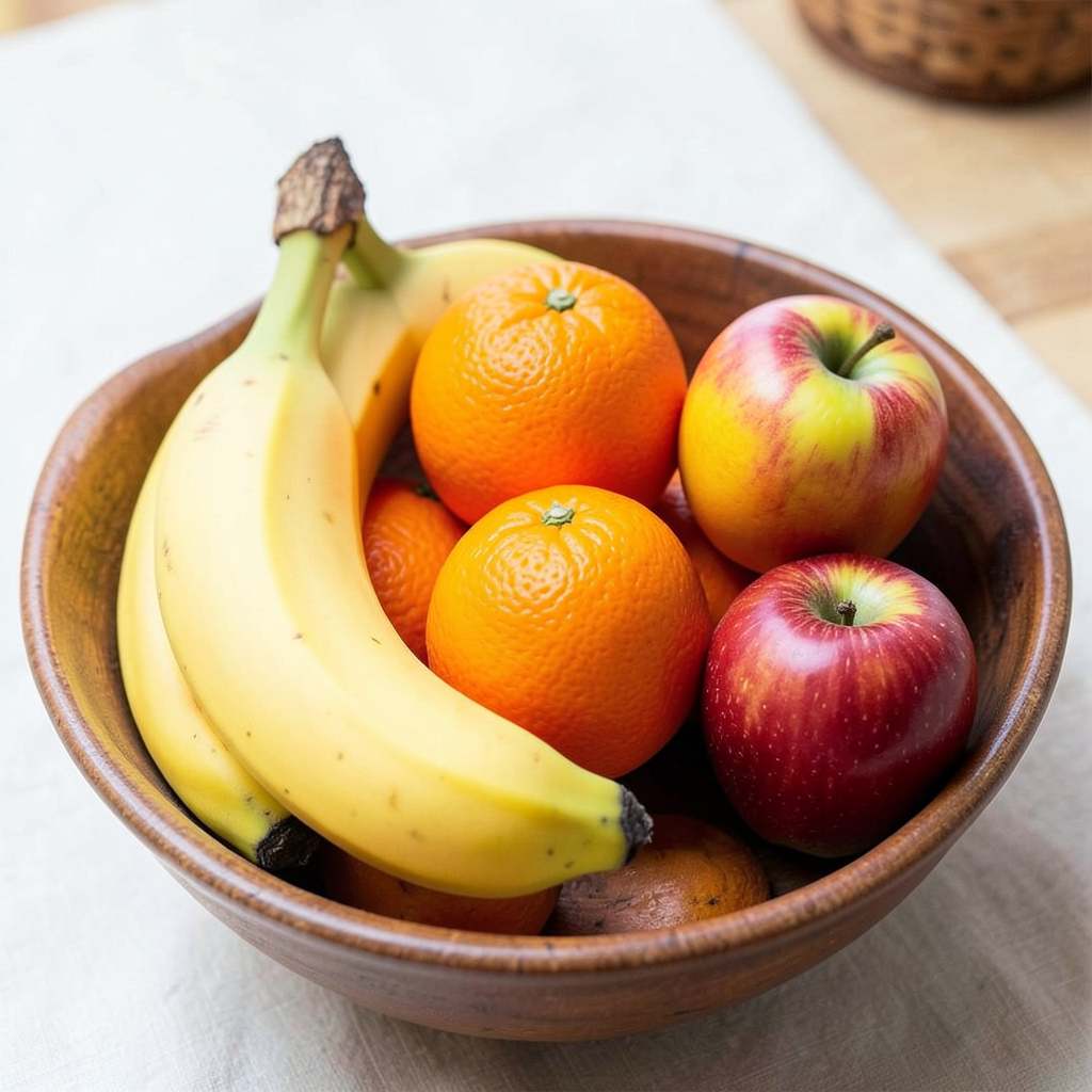 A fruit bowl containing exactly 3 bananas, 4 oranges, and 2 