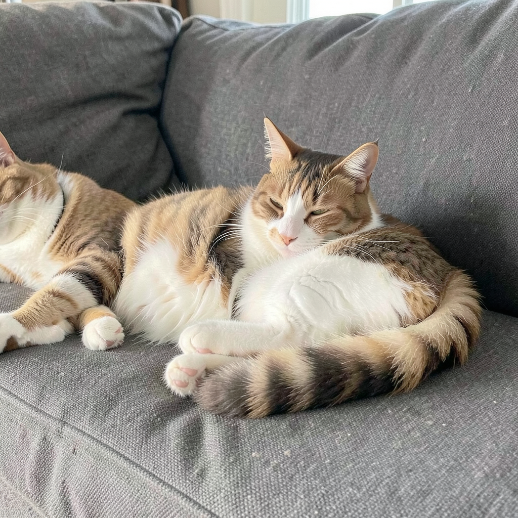 A cat lying on a couch without a collar