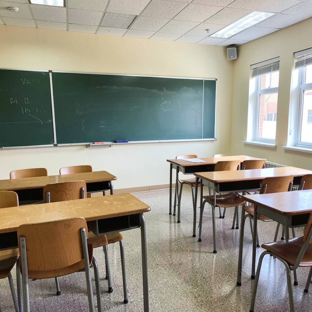 A classroom with desks and a chalkboard but no students