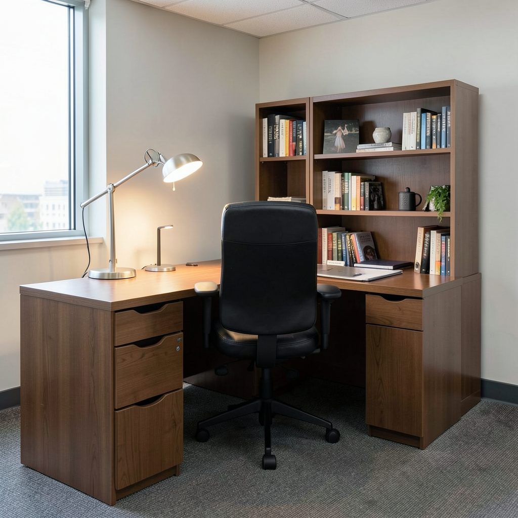 An office workspace with a desk, chair, bookshelf, and lamp 