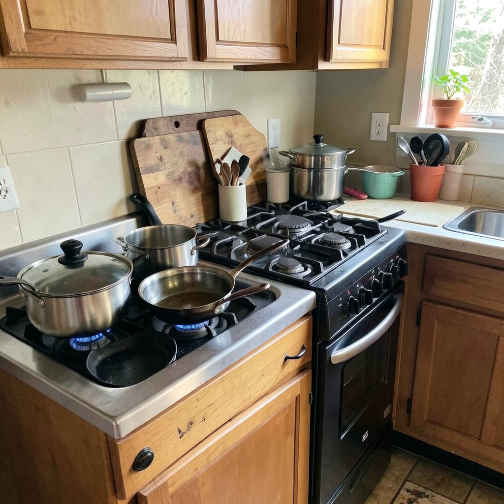 A kitchen with pots, pans, a stove, and a cutting board but 