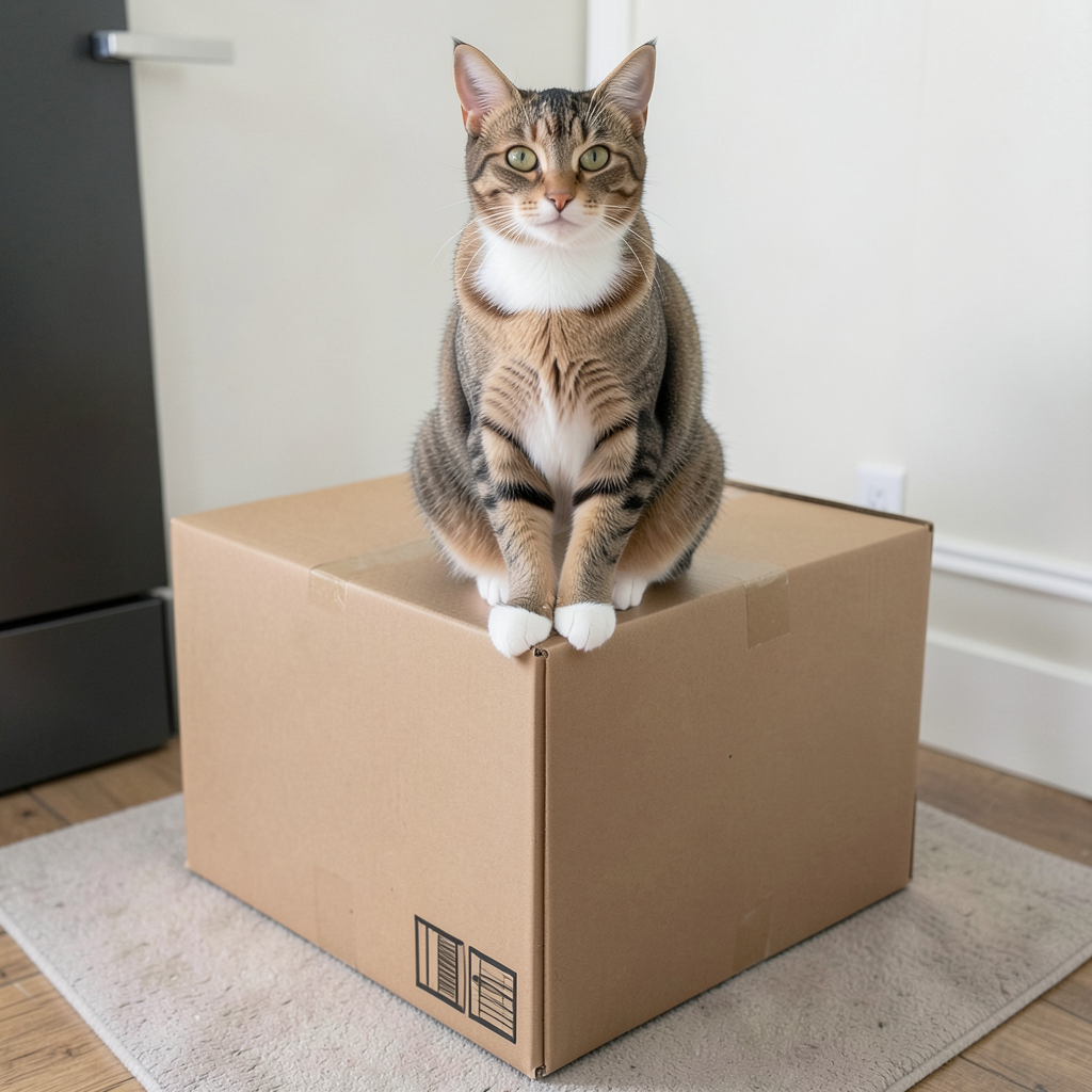 A cat sitting on top of a cardboard box