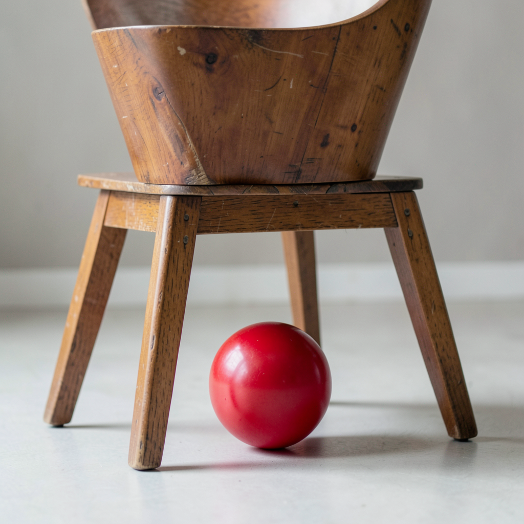 A red ball underneath a wooden chair