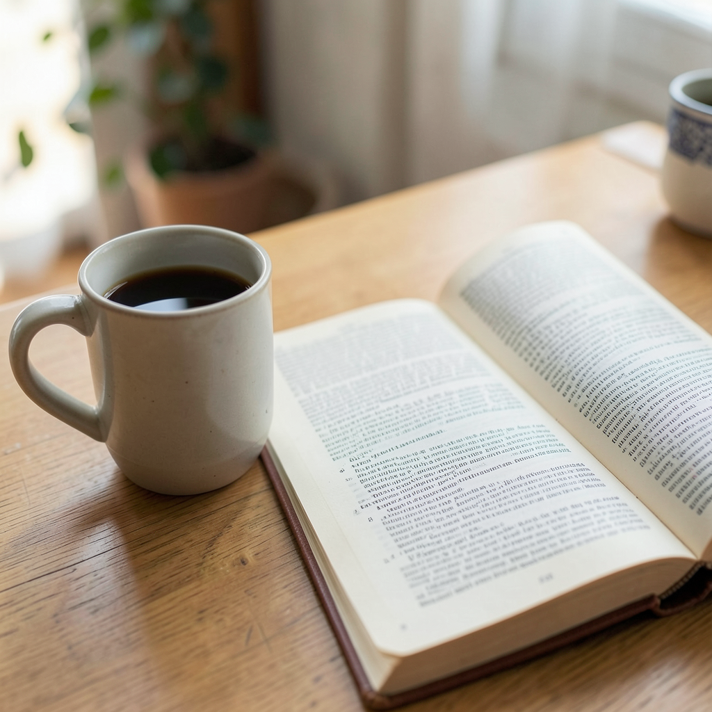 A coffee mug next to an open book on a desk