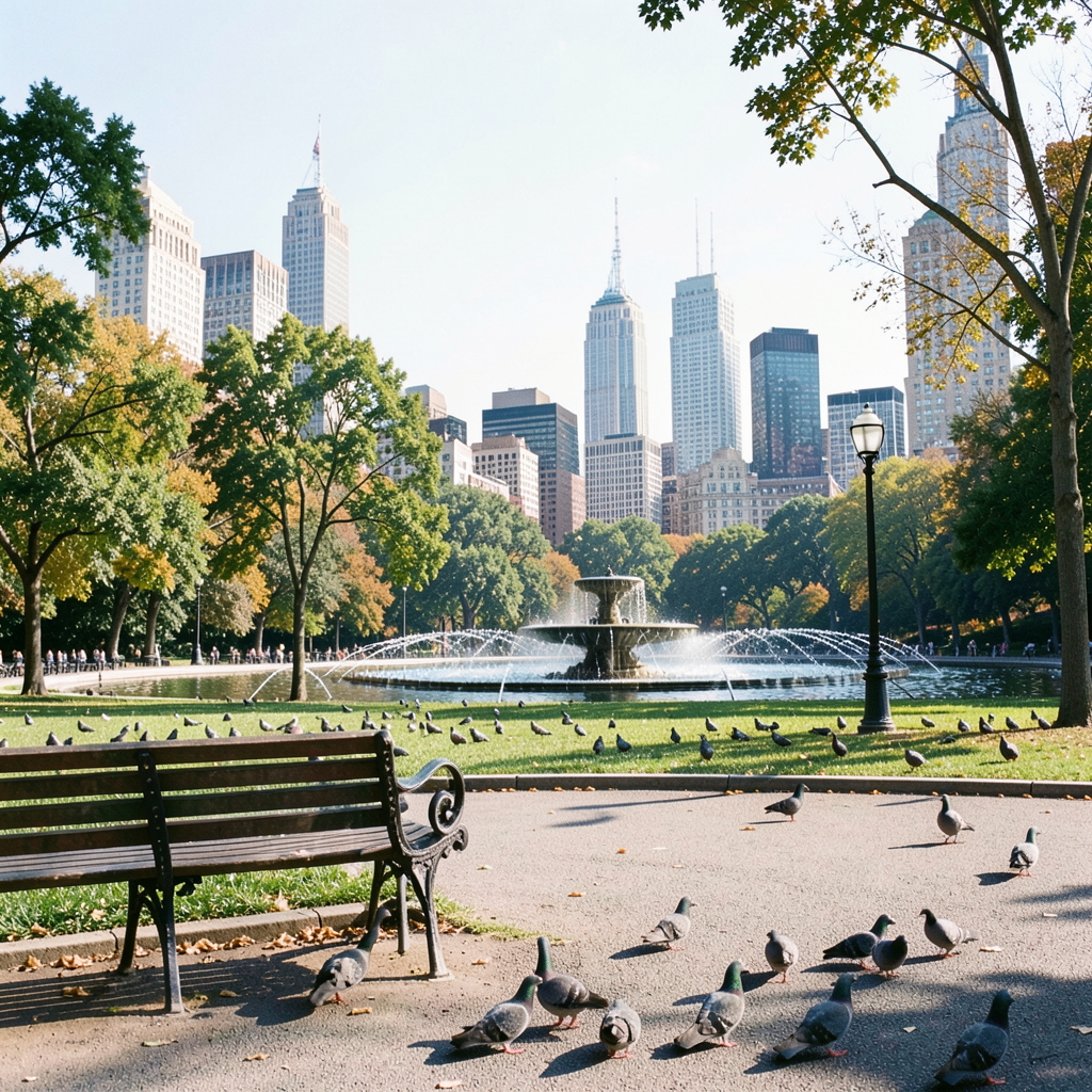 A city park with a park bench and pigeons in the foreground,
