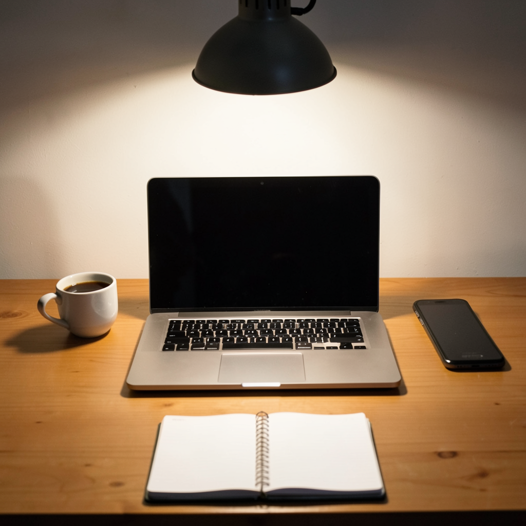 A desk scene: laptop in the center, coffee mug to the left, 