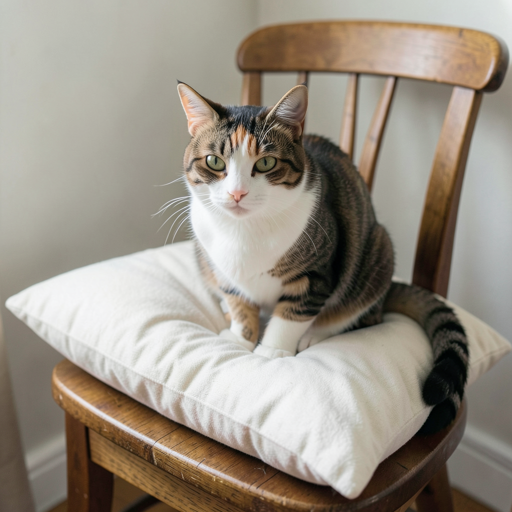 A cat sitting on a pillow, the pillow placed on a wooden cha