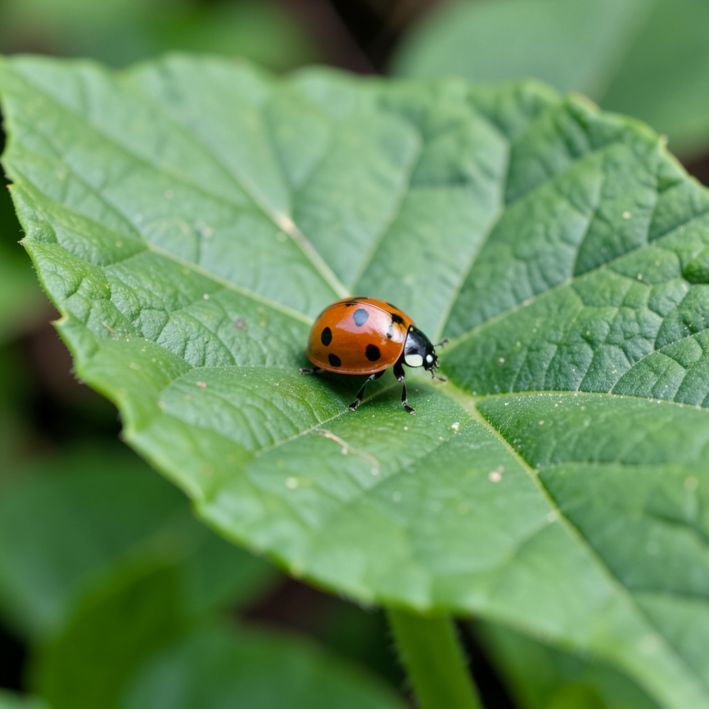 A ladybug sitting on a large green leaf, shown at realistic 
