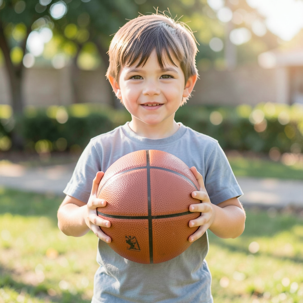 A child holding a basketball, both at correct relative sizes