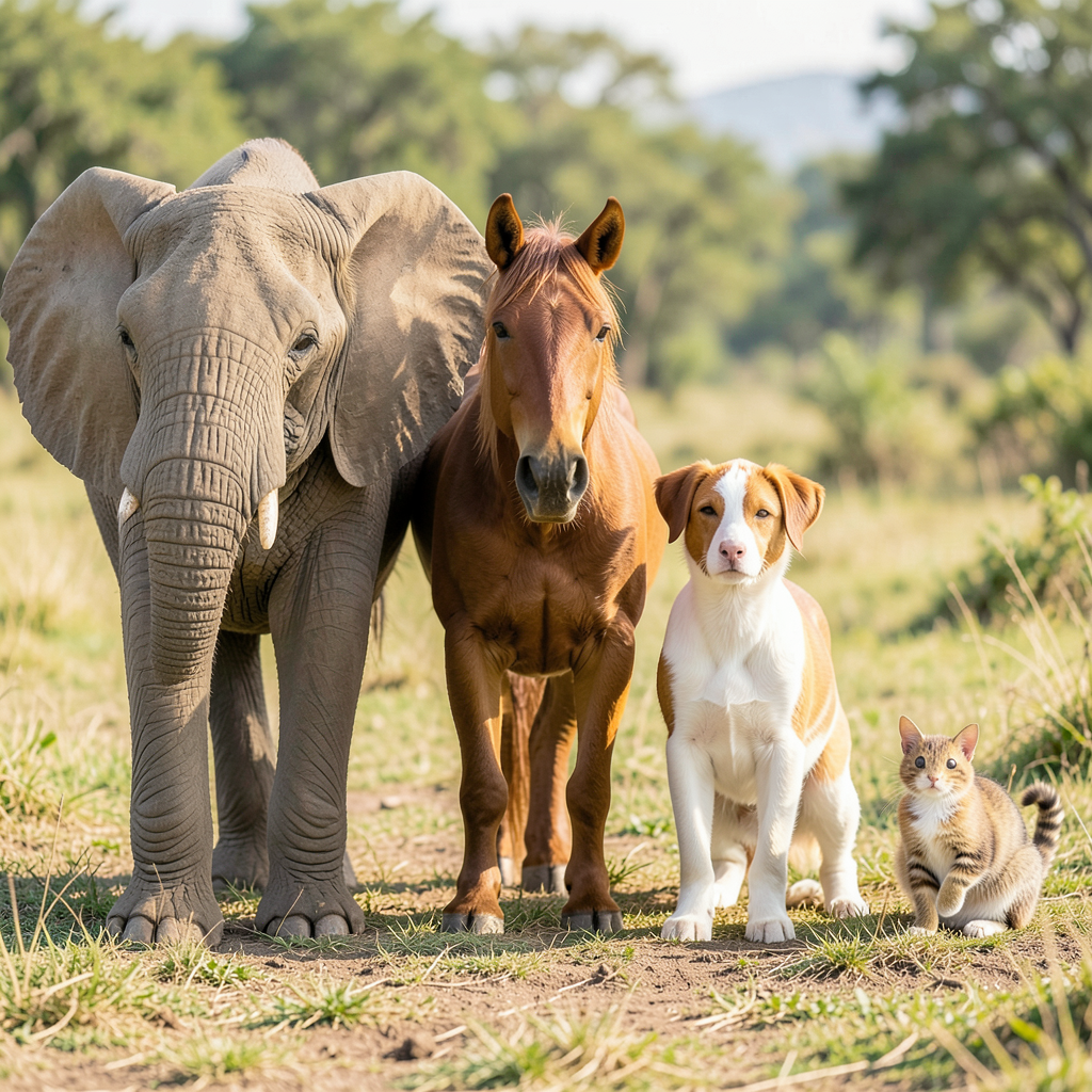 A group photo of an elephant, a horse, a dog, a cat, and a m