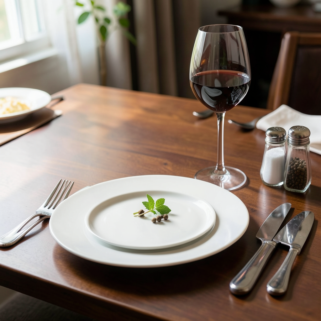 A dinner table scene with a plate, fork, knife, wine glass, 