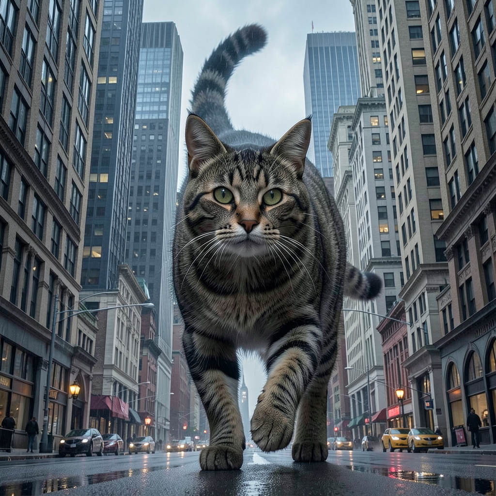 A giant tabby cat walking between city skyscrapers like a ka