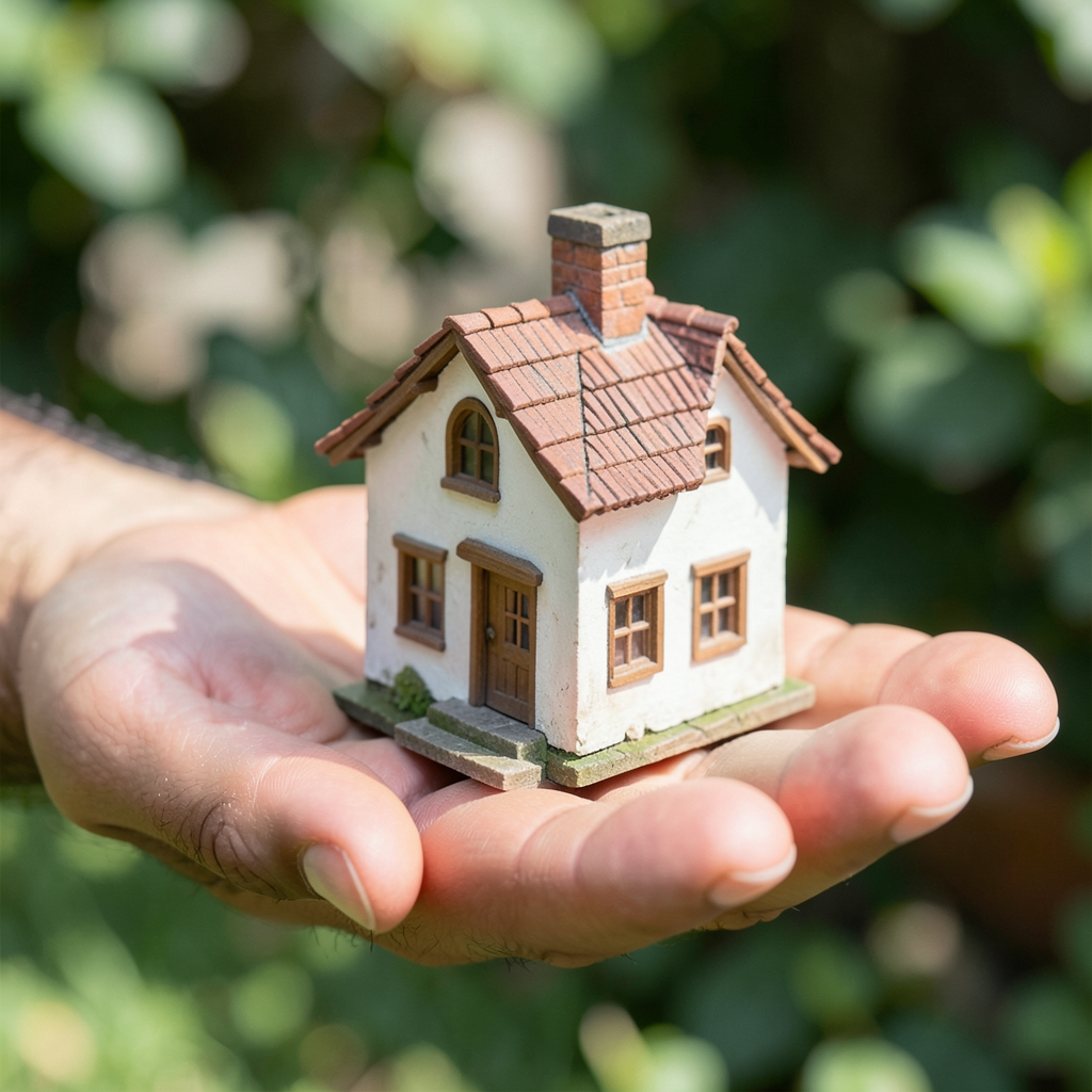 A miniature house sitting on the palm of someone's hand