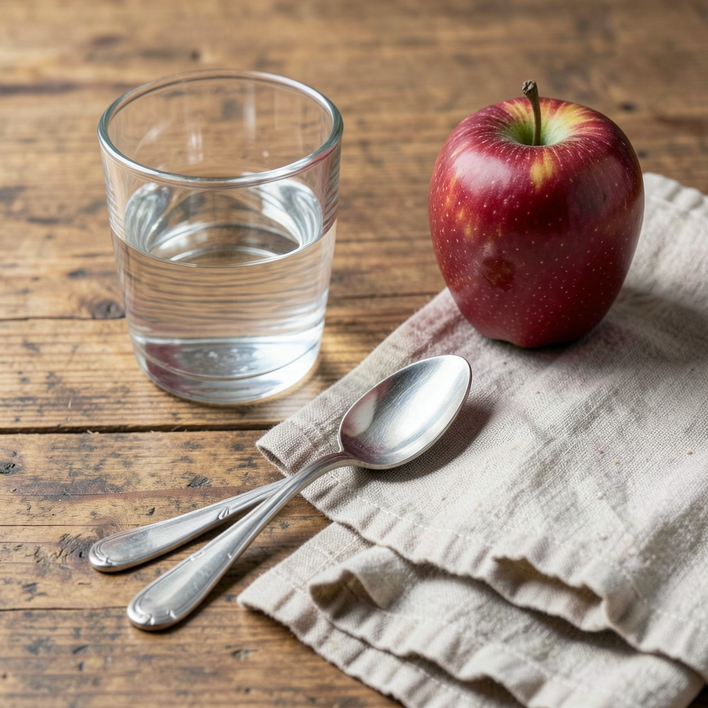 A still life on a wooden table featuring a clear glass of wa