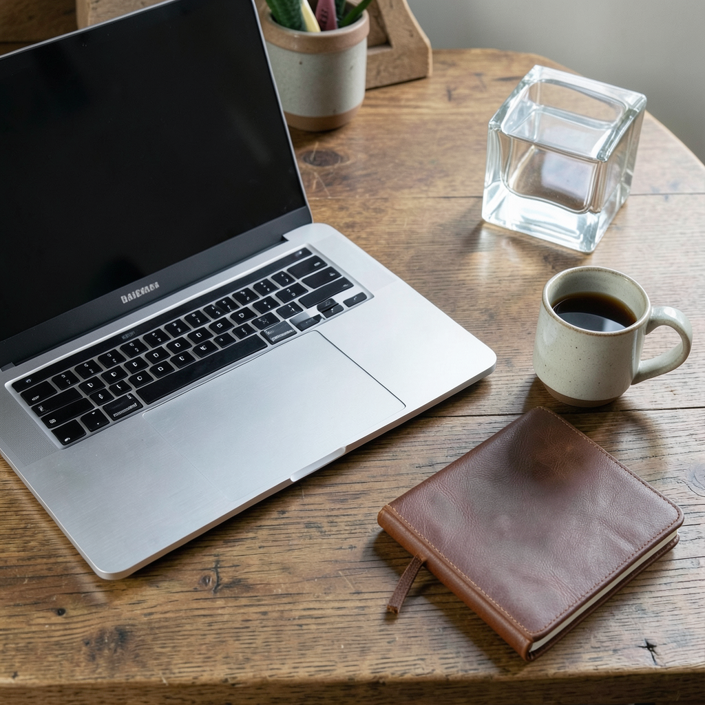 A workspace desk with a brushed aluminum laptop, a leather-b