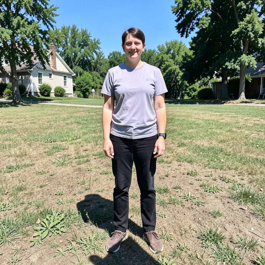 A person standing outdoors at midday with a short shadow dir