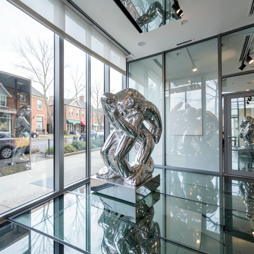 A chrome sculpture in a room with a glass floor and large wi