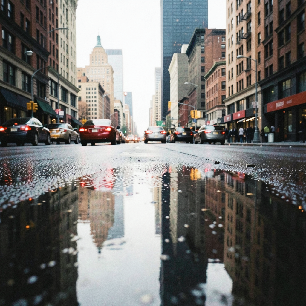 A city skyline reflected in a rain puddle on a street, with 