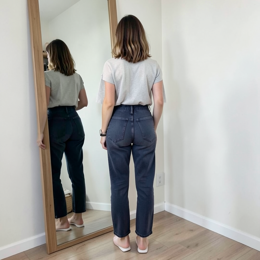 A woman standing in front of a full-length mirror, her refle