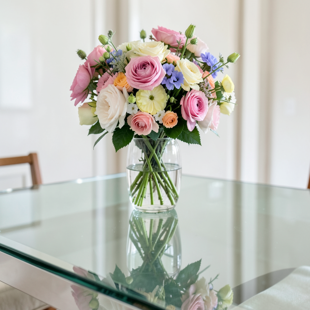 A vase of flowers on a glass table with a clear reflection v