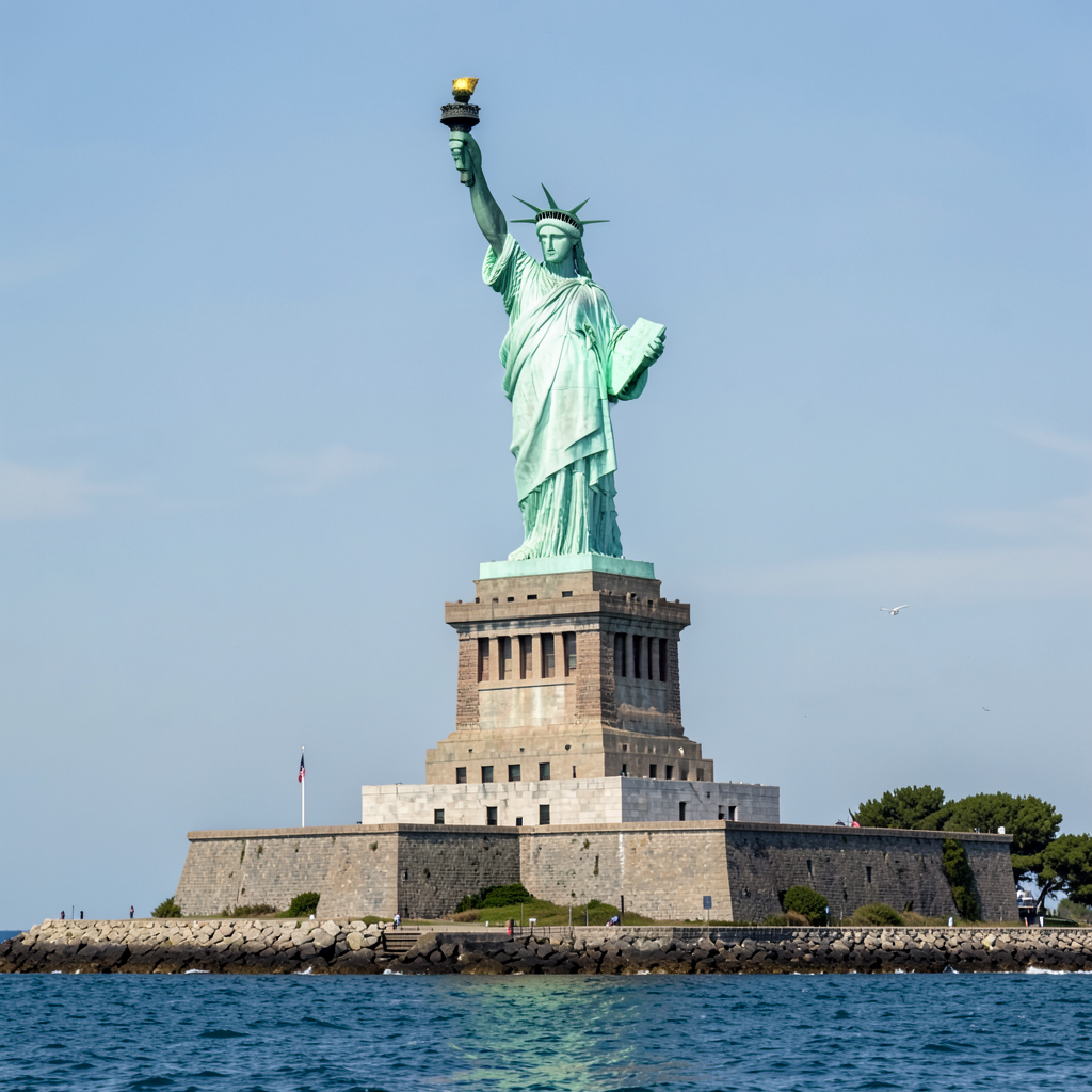 The Statue of Liberty on her island pedestal, with correct t
