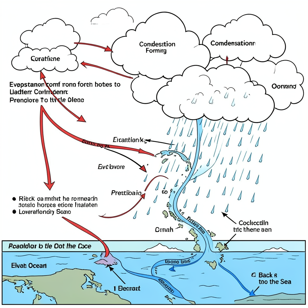 A detailed diagram of the water cycle showing evaporation fr
