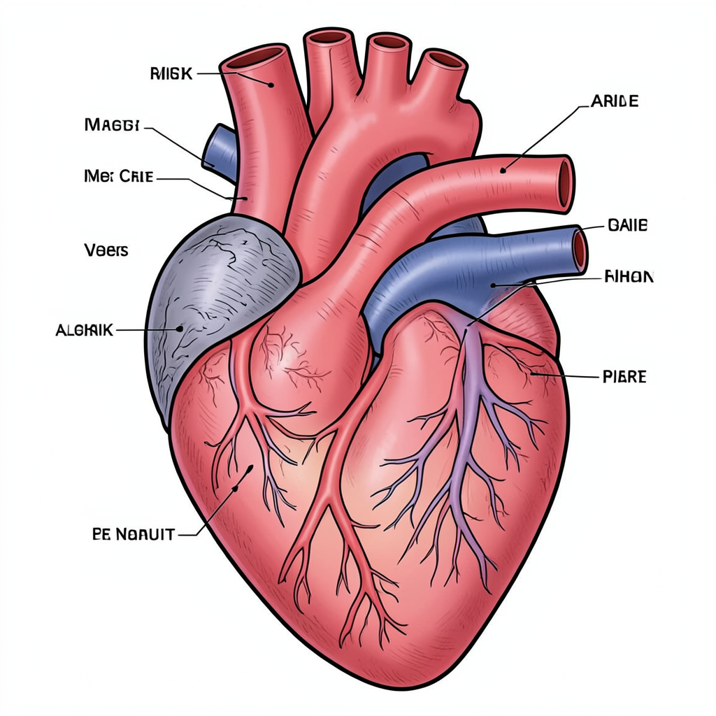 An anatomical illustration of the human heart showing four c