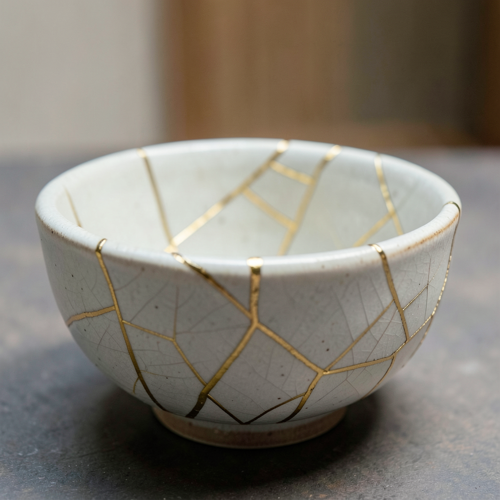 A Japanese kintsugi bowl — cracked ceramic repaired with vis