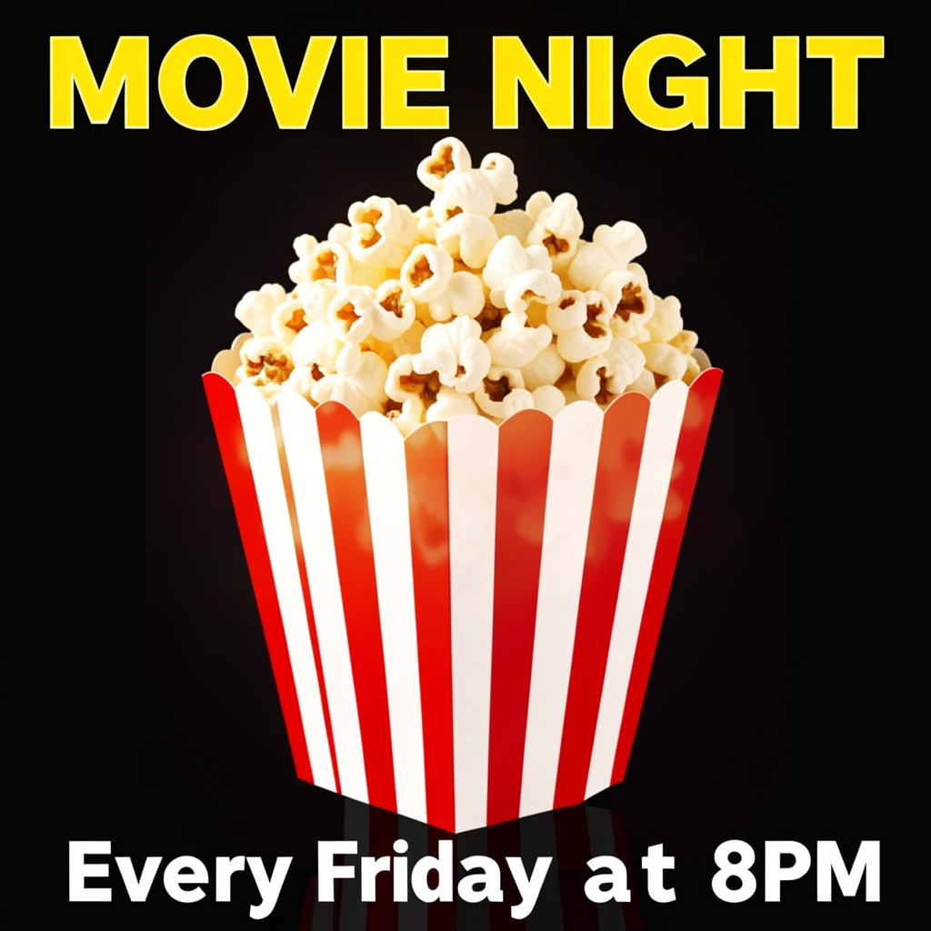 A movie night poster with a large popcorn image in the cente