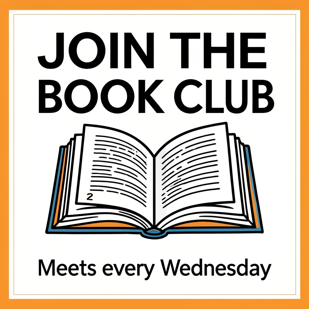 A book club poster with an open book illustration, the title