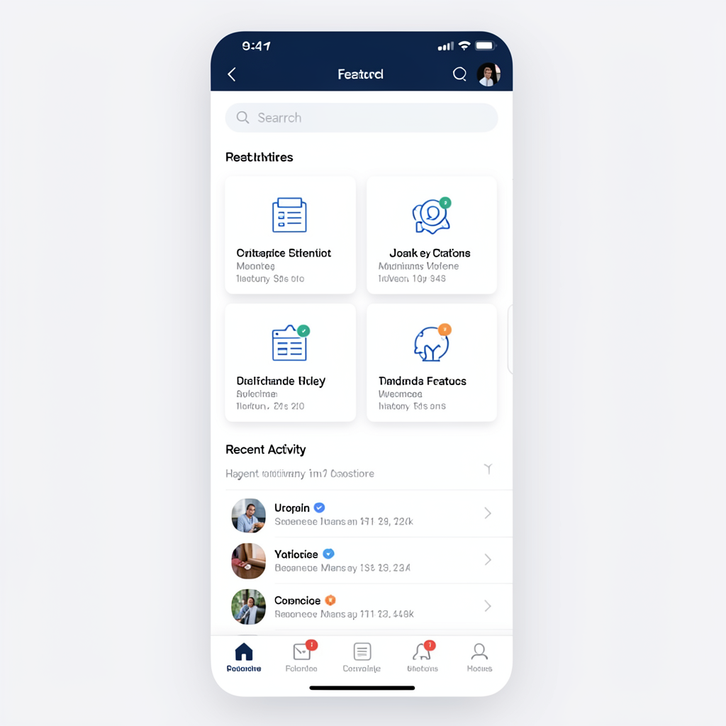 A mobile app UI mockup showing a dashboard with a top naviga