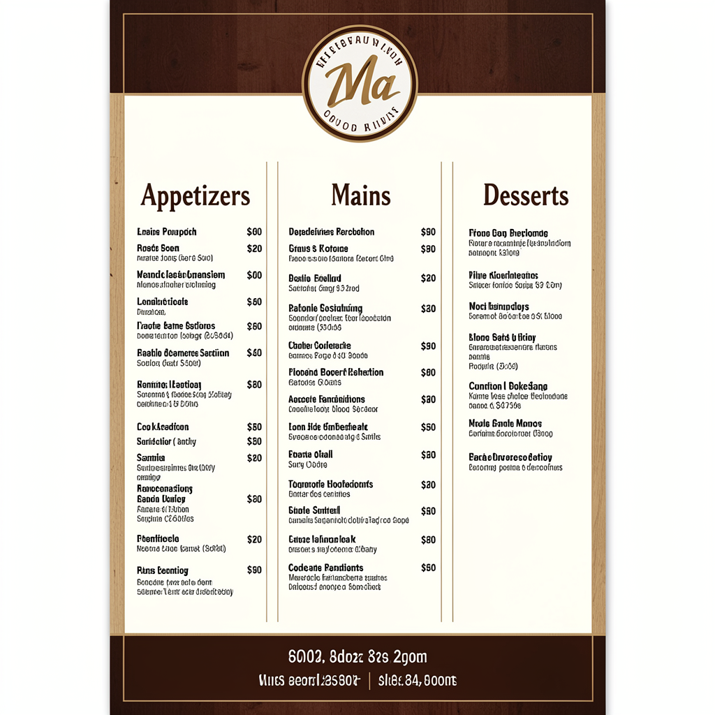 A restaurant menu layout with a logo header, three category 