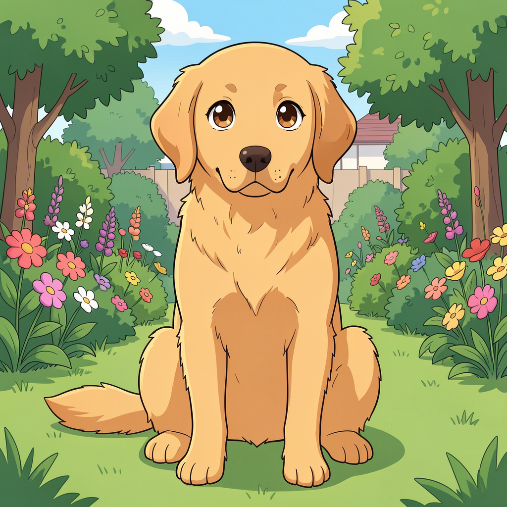 A golden retriever sitting in a garden, rendered in Japanese