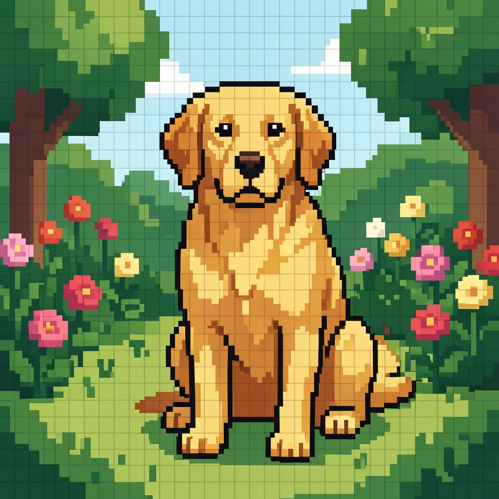 A golden retriever sitting in a garden, rendered in pixel ar