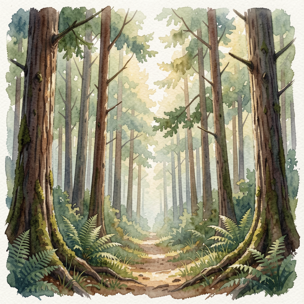 A forest rendered in photorealistic watercolor — the detail 