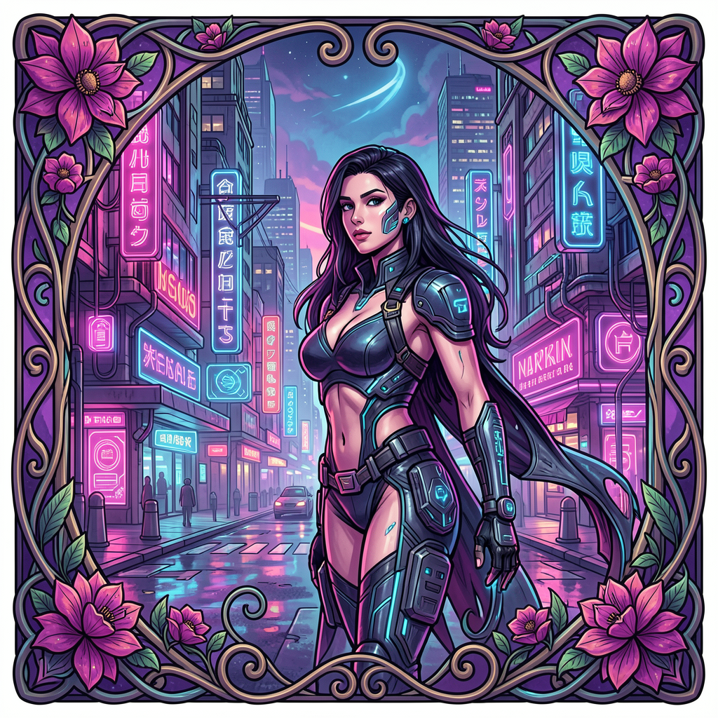 A woman in a futuristic city rendered in cyberpunk Art Nouve