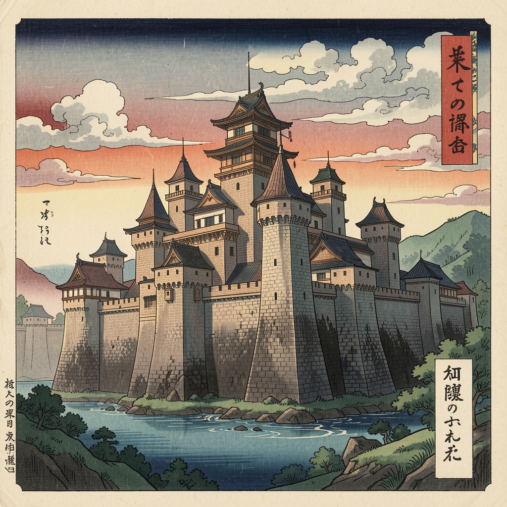 A medieval castle depicted in Japanese ukiyo-e woodblock pri