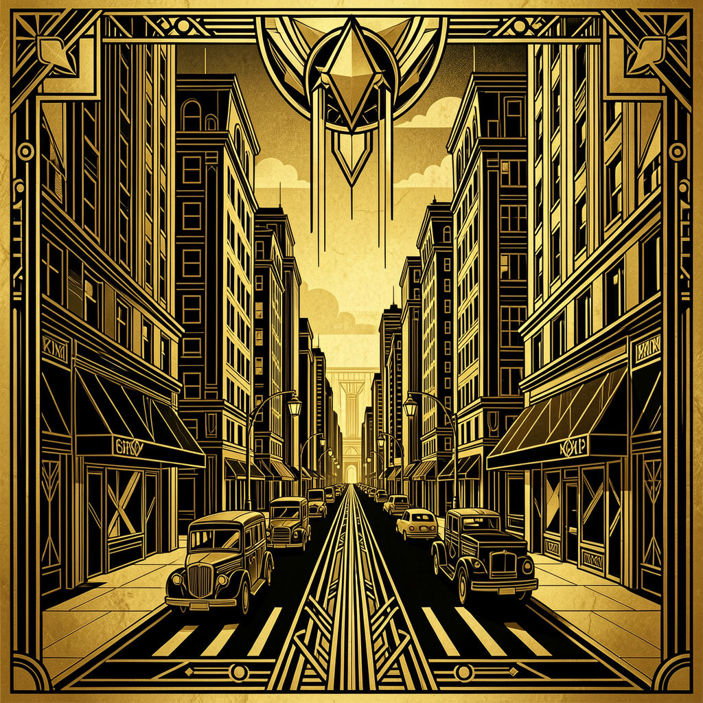 A city street scene in the style of Art Deco — geometric sha