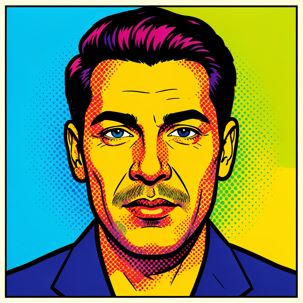 A portrait of a man in Pop Art style — bold outlines, Ben-Da
