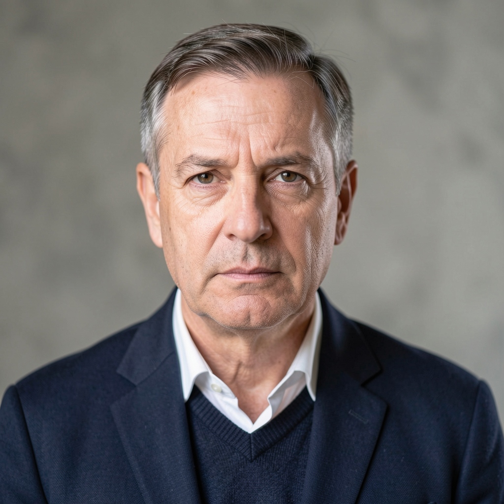 A portrait of a middle-aged man with a calm, serious express